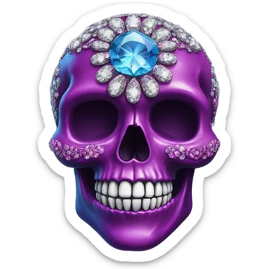 Realistic isolated metallic ornate dark purple,magenta,light blue,and hot pink filigree skull decorated with shiny diamonds and rhinestones.  sticker
