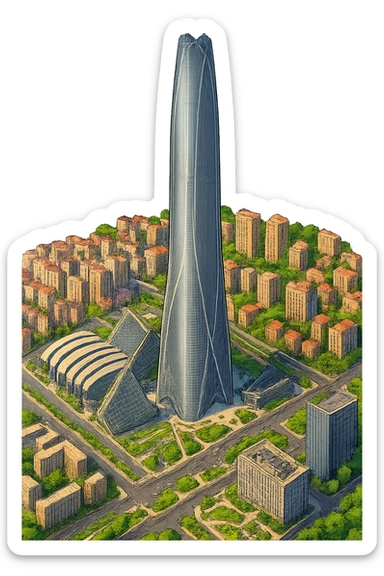 Изометричная, яркая, детализированная, объемная и фотореалистичная иллюстрация башни Tianjin CTF Finance Centre. В стиле 3D-коллажей городов, насыщенные цвета, аккуратные и чёткие линии, мультяшно-реалистичная стилистика. Чёткие контуры, не размазанные линии, высокое качество, прозрачный фон, не обрезать края картинки sticker