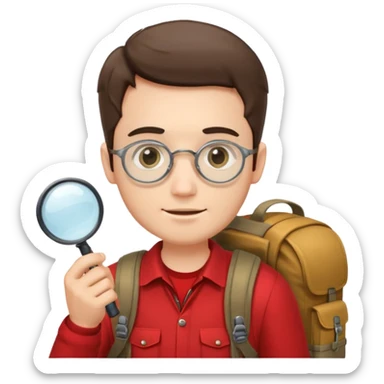 Explorer man with red shirt backpack and magnifying glass sticker