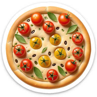 cinematic-realistic-focaccia-bread-dish-emoji,-depicted-as-a-golden,-olive-oil-brushed-flatbread-sprinkled-with-herbs-rendered-with-lifelike-texture-and-soft,-appetizing-lighting showing olives on top and the cherry tomatoes sticker