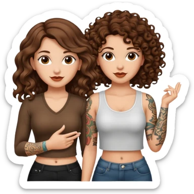 success scroll — long wavy brown hair tattooed woman and short tight curly brown hair woman — proud pose sticker
