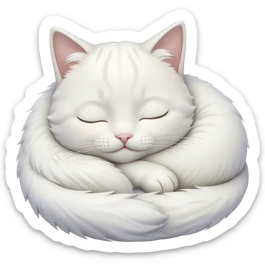Meme-Worthy Cute Sleeping White Cat Portrait Emoji, Head peacefully tilted with a tender, contented smile and eyes gently closed in serene slumber, featuring a pristine white fur with subtle, delicate silver accents, simplified yet irresistibly adorable, highly detailed, glowing with a soft, drowsy radiance, high shine, exuding calm, heartwarming charm, styled with a gentle, soft glowing outline, capturing the essence of a sleeping white cat that seems destined to become the next viral icon of adorable repose! sticker
