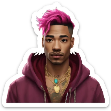 Vintage patina intricate swirls gold jewellery baroque raven wings angel tropical Deep pink maroon burgundy cyan dark hoodie man vitiligo dyed hair gold piercings nose piercing ear piercings sticker