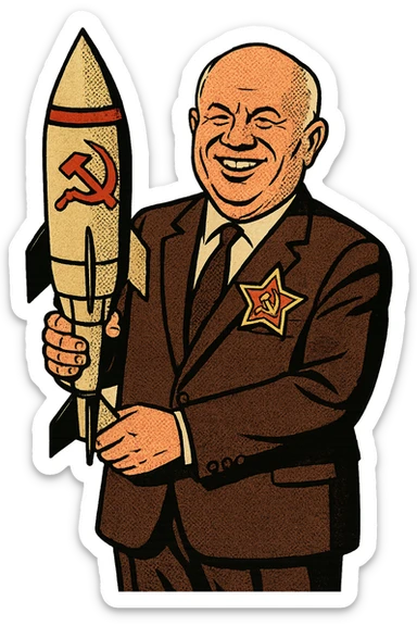 a full body of Soviet leader Nikita Khrushchev who is smiling and wearing a suit with a large communist badge. He is holding a soviet nuclear missile sticker