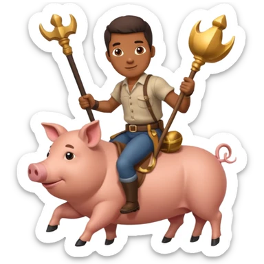 African American man riding a pig while holding a mace sticker