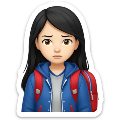 college student with annoyed face , black hair , with varsity jacket and backpack , girl, long hair,  sticker