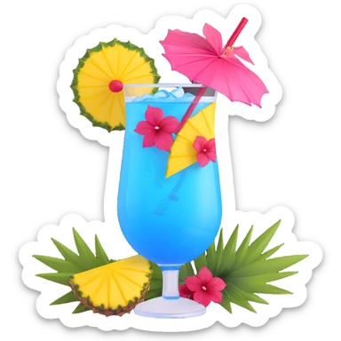 vibrant tropical fruity blue cocktail with hibiscus, pineapple slice, and paper umbrella garnish sticker