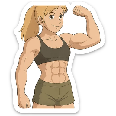 full body pose of a muscular white girl with blonde hair and green eyes, flexing 6 pack abs and one arm bicep sticker