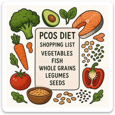 realistic illustration of a PCOS diet shopping list: vegetables, fish, whole grains, legumes, seeds, colorful icons, modern style, white background sticker
