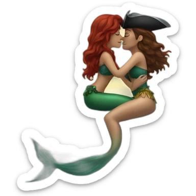 Brown haired mermaid and woman pirate kissing sticker