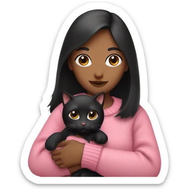 A girl with black hair holding a cat with a pink sweater sticker