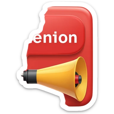 Red rounded rectangle speech bubble with bold text ‘Attention Please’. Add a loudspeaker overlapping from the right side with sound lines. Clean flat style. sticker