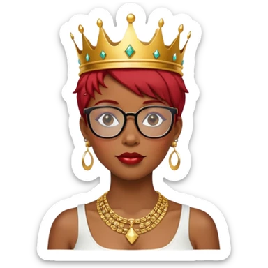 Emoji of a black woman with short red hair, square glasses, a lot of gold necklaces and earrings, wearing a gold crown sticker