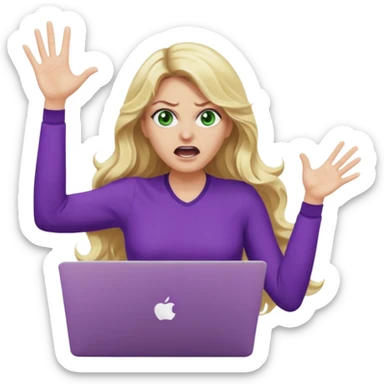 lady with long wavy blonde hair, purple top, green eyes, throwing her with a purple mac laptop hands in the air screaming, looking angry sticker