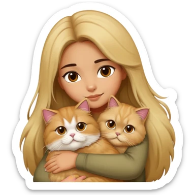 olive skin girl with long brown hair, hugging an fluffy blonde persian cat sticker