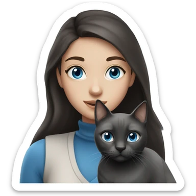 brunette girl with freckles and blue eyes with a grey and black cat sticker