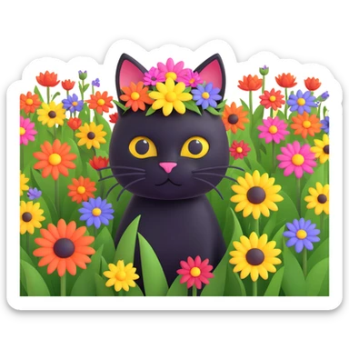 a black cat with a flower on its head in a field of flowers, pastel colors sticker