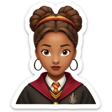 Tiana Benjamin is Angelina Johnson in harry potter, wear hogwarts gryfindor uniform,  thick, brown 1 bun hair , reflecting her bold, stylish, and strong personality sticker