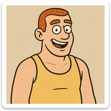 redhead man with a buzz cut in a yellow tank top, smiling, casual pose, simple background sticker