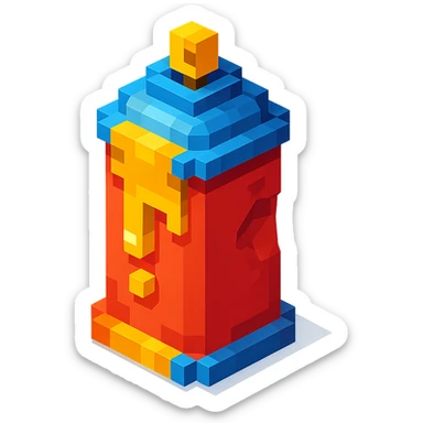 voxel style spray paint can with gold paint, dented and used, isometric view sticker