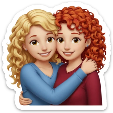 A woman with pencil straight, blonde hair and a nose piercing and a woman with curly red hair and a nose piercing are hugging and smiling together. sticker