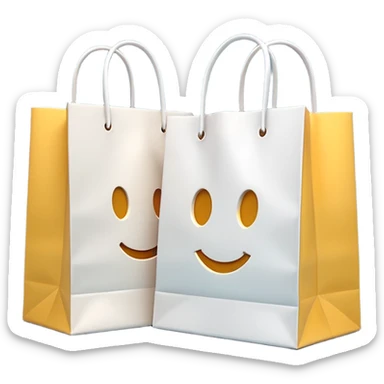 A 3D emoji of two white paper shopping bags, one large and one small, standing next to each other. Soft studio lighting, smooth 3D rendering, claymorphism style, minimalist design, cute, high resolution, isolated on a white background. sticker