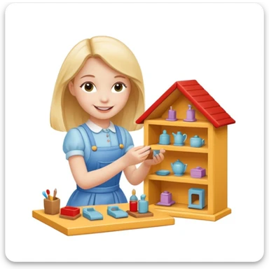 smiling girl arranging furniture in doll house sticker