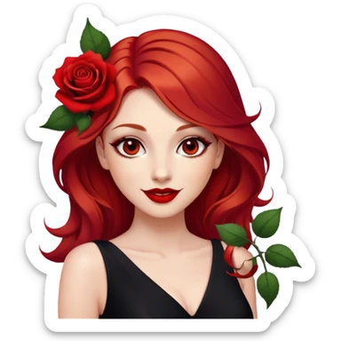 a beautiful angry woman with red hair and red eyes. The woman wear a black little cutted dress. She have red lipstick and she have a seductive look and smile. She have a rose flower in her hair sticker