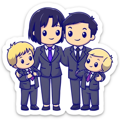 The Parr family from Incredibles in civilian clothes - Bob in business suit, Helen in casual clothes, Violet teen with black hair, Dash blonde boy, baby Jack-Jack sticker
