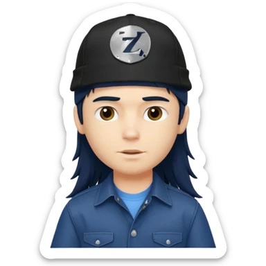 generate a pretty bratz boy wearing a dark blue button up shirt, long black mullet hair. 

Dark blue cap on head sticker