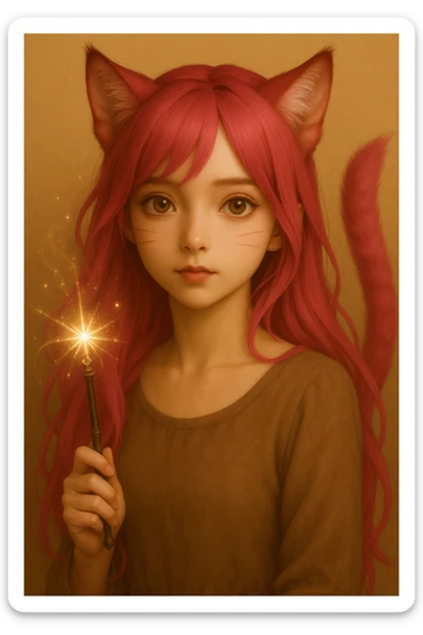 Add a magical accessory such as a sparkling wand or mystical orb to the catgirl, keeping the realistic anime style and pink hair. sticker