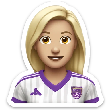 a blonde woman in white soccer jersey with purple pinstripes sticker