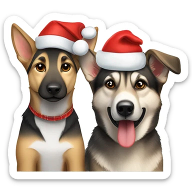 German Shepard beside mini husky wearing flannel shirts and Santa hats sticker