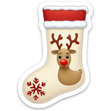 A beige Christmas stocking with red snowflakes and a reindeer drawn on it. The reindeer has a red nose. sticker