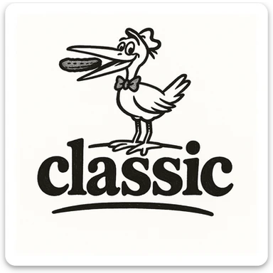 Enhance the sign and overall design to look more like the Vlasic pickle logo, including using a font that closely matches the Vlasic logo's font. Add the iconic Vlasic stork mascot perched on or near the sign. Maintain the hand drawn doodle style and keep the word 'classic' visible. The original style is hand drawn doodle, so keep the look consistent with that style. sticker