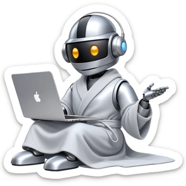 Emoji of a remote-working robot in a cozy smooth bathrobe with a laptop. The robot has a sleek helmet-like head with LED digital eyes. Relaxed yet high-tech vibe. sticker