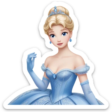 Cinematic Realistic Cinderella Portrait, depicted with lifelike skin texture, subtle rosy undertones, and soft natural lighting that enhances the gentle contours of her face. Her intricately detailed golden blonde hair is elegantly styled in an updo, with delicate wisps framing her face for added realism. Her deep, expressive blue eyes radiate warmth and sincerity, reflecting a quiet resilience and grace. She is dressed in her iconic ball gown, the fabric shimmering with intricate embroidery and fine translucent layers that catch the light beautifully. The soft sheen of satin gloves and the delicate sparkle of a glass-like slipper peeking from beneath her dress add a touch of magical realism. The portrait features an enchanting glow with a natural, luminous finish, seamlessly blending realism and fairytale charm to evoke a sense of depth, elegance, and timeless beauty. sticker