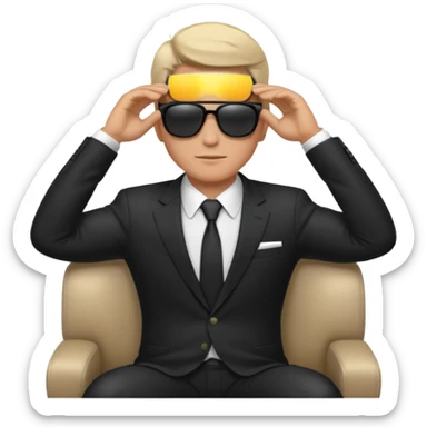 white man in formal suit wearing sunglasses resting with hands behind head sticker