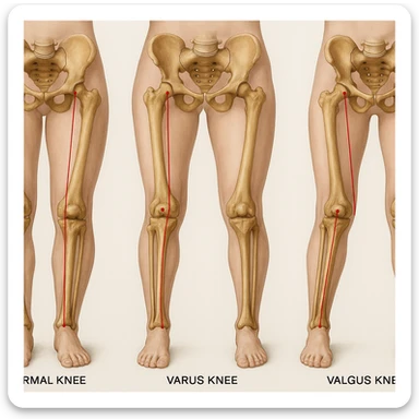 Create a hyperrealistic 4K anatomical illustration of three types of knees viewed from the front: normal knee, varus knee (bow-legged), and valgus knee (knock-kneed). Highlight the bones of the pelvis, femur, tibia, and fibula with red lines showing the mechanical axis as in the reference image. Include realistic anatomical details in a medical style with a neutral background. sticker