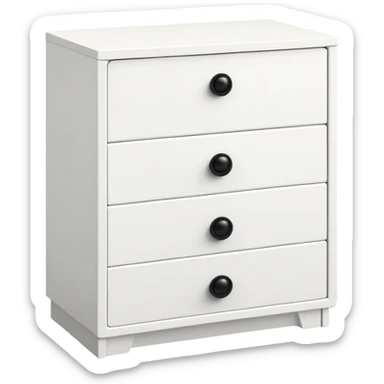 IKEA-inspired white 6-drawer chest, one tiny black knob per drawer, stacked sticker