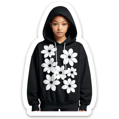 "Design a black hoodie adorned with scattered, medium-sized black and white flowers. Each flower should consist of a bold, thick white ring forming the petals, with a completely hollow center, creating an open, circular look. The flowers should have an irregular, asymmetrical shape and be evenly distributed across the hoodie, including the sleeves and hood. Keep the design minimalistic—no detailed petals, shading, or filled centers, just simple, bold, hollow ring-like floral patterns." sticker
