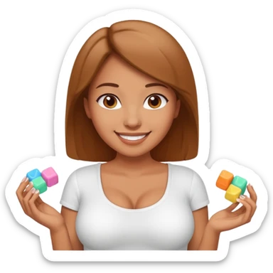 A woman wearing a shirt with sugar cubes as her breast sticker