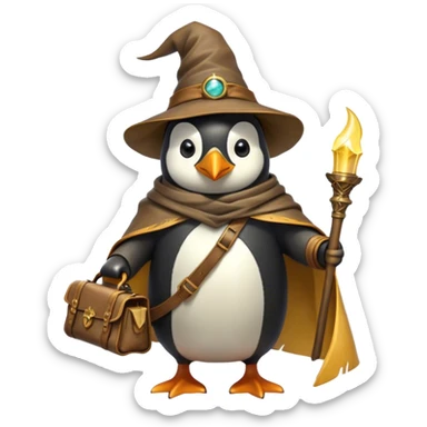 A wizard-explorer penguin inspired by Indiana Jones, wearing a weathered yellow enchanted hat and a flowing cape. It carries a leather satchel with ancient scrolls and holds a glowing magical relic. Cartoon-style, smooth shading, highly detailed, no background sticker