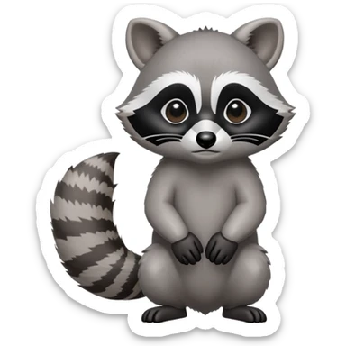 Cinematic-cute Raccoon-Realistic-hunched Full-Body on all fours-Emoji – Tail flicking lazily, head tilted dramatically, thick grey fur with a signature black mask, sharp and alert ears, simplified yet realistic focused features, highly detailed, glowing with an almost sarcastic glow big black eyes realistic body sticker