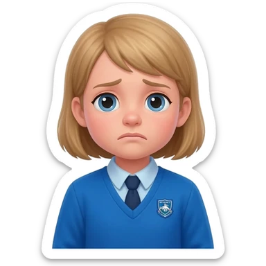 primary school girl looking sad thinking about Maths (thought bubble with maths symbols inside) wearing a blue uniform with a river primary school badge. sticker