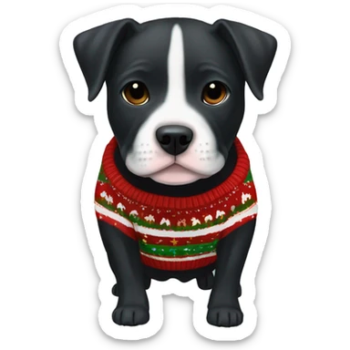 Little Staffordshire bullterrier black puppy in cute Christmas sweater sticker