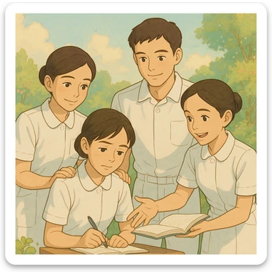 Four nursing students, three girls identical in height and one taller boy, all in white short-sleeve uniforms without stethoscopes, helping each other, faces inspired by photos, Ghibli style, warm and caring atmosphere sticker