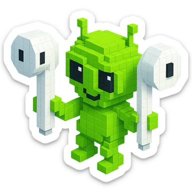 white EarPods headphones with a playful twist, floating in space, with a cartoonish alien holding them sticker