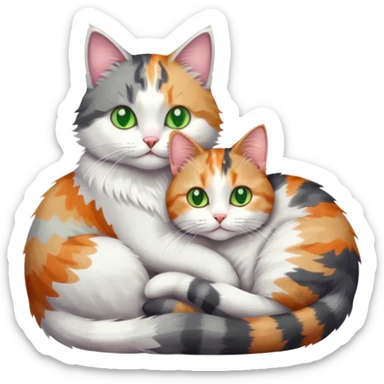 grey and white cat cuddling a colourful light patched calico + white tabby cat sticker