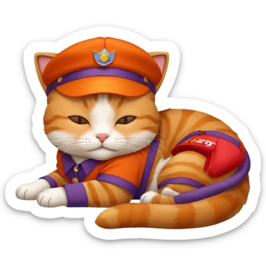 emoji of sleeping cat, its pose is lying, it has on his head FedEx uniform cap, red color sticker